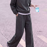 Casual Half Stand Collar Sweatshirt & Drawstring High Waist Wide Leg Pants Set