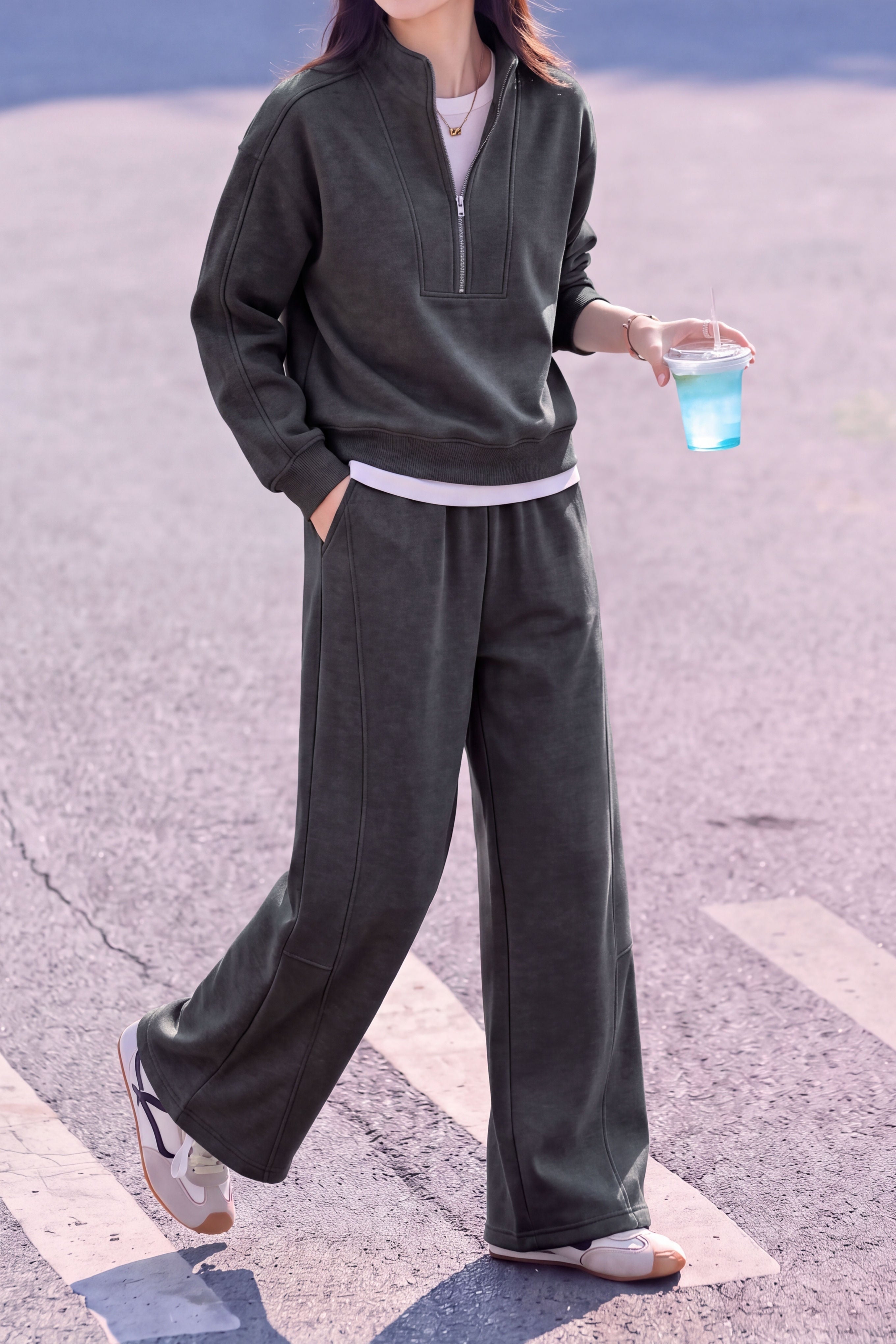Casual Half Stand Collar Sweatshirt & Drawstring High Waist Wide Leg Pants Set