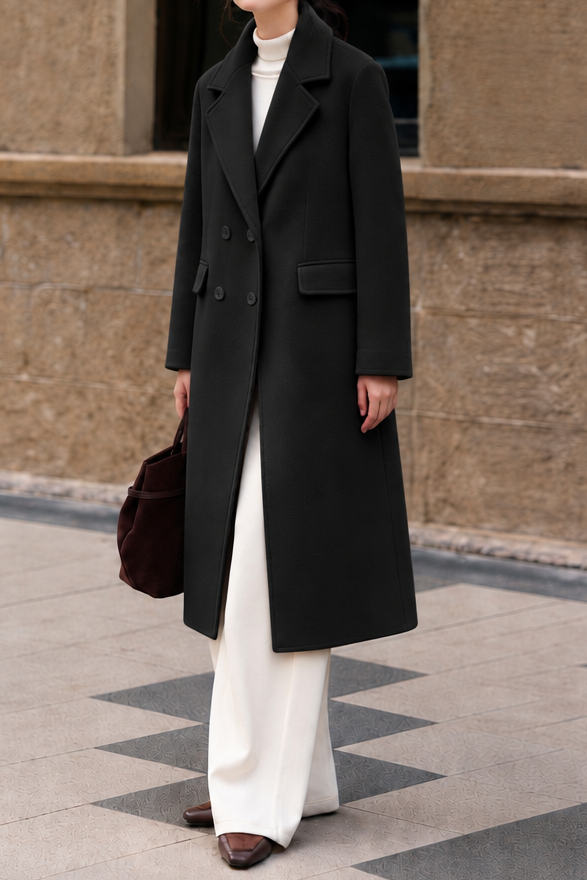 Elegant Lapel Double Breasted Long Sleeve Wool Coat