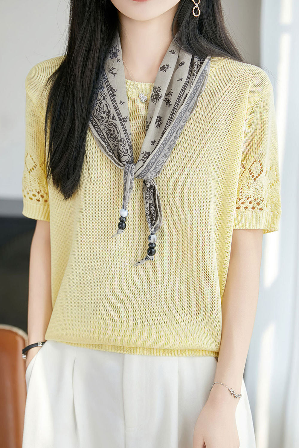 Casual Round Neck Scarf Decor Short Sleeve Knit Sweater