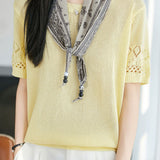 Casual Round Neck Scarf Decor Short Sleeve Knit Sweater