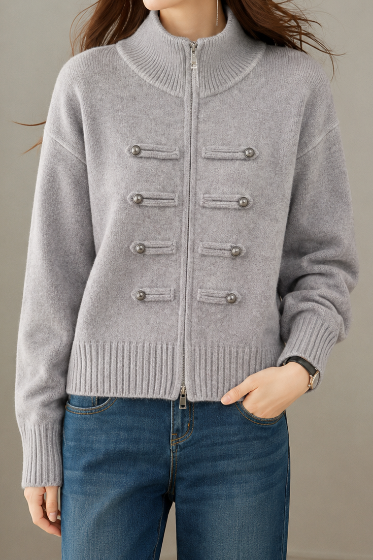 Casual Commuter Half‑High Lapel Zipper Placket Knit Cardigan