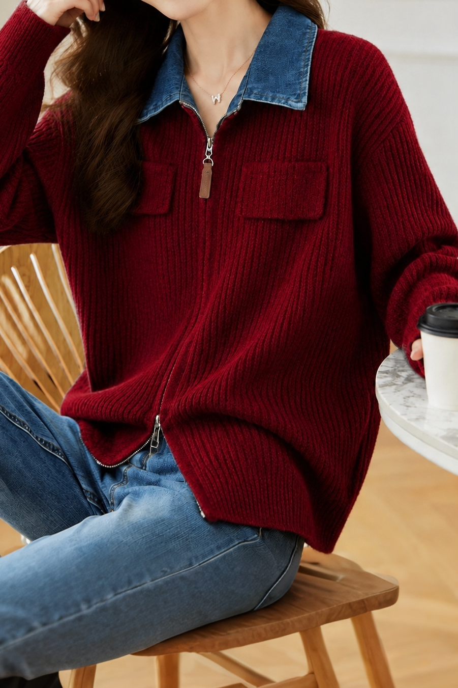 Casual Commuter Denim Collar Fake Two-Piece Knit Cardigan