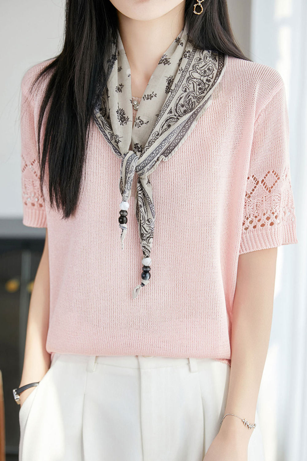 Casual Round Neck Scarf Decor Short Sleeve Knit Sweater