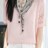 Casual Round Neck Scarf Decor Short Sleeve Knit Sweater