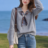 Elegant Polo Collar Printed Scarf Sash Knit Sweater