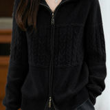 Casual Retro Cable‑Knit Spliced Zip‑Up Cardigan