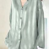 Casual Loungewear Ice Silk Lapel Striped Pajama Set
