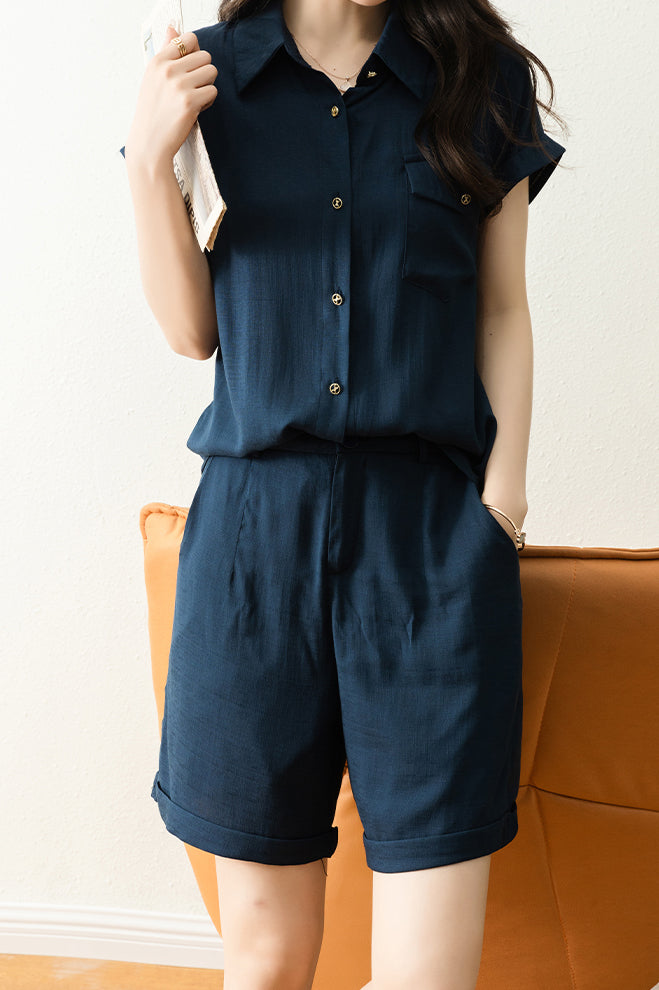 二点セット　オフィススタイルフレンチスリーブシャツ＋サイドポケットロールアップショートパンツ - liwisi