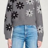Crew Neck Daisy Jacquard Grey Knit Sweater