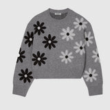 Crew Neck Daisy Jacquard Grey Knit Sweater