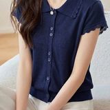 Elegant Commuter Wavy Lace Polo Neck Knit Cardigan