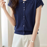 Elegant Commuter Wavy Lace Polo Neck Knit Cardigan