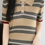 Vintage Commuter Color-block Striped Ribbed Knit T-shirt