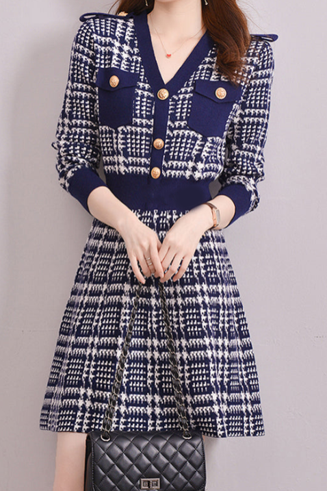 Elegant V-neck Houndstooth Knit Dress - 2 Colors Available - liwisi