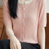 Casual Color Contrast Collar Contrast Button Ribbed Knit Top