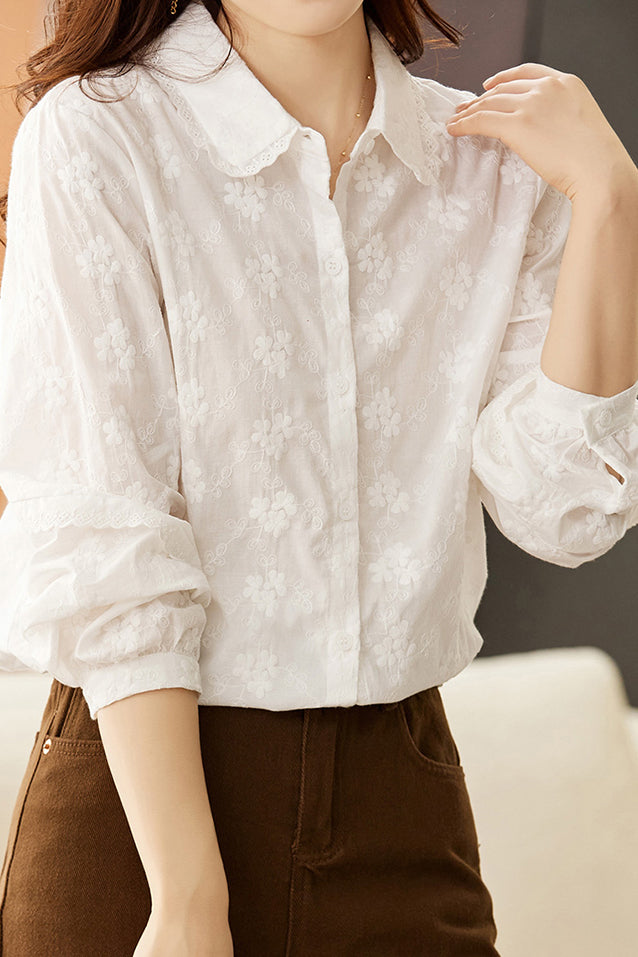 刺繡フラワーコットシャツ - liwisi