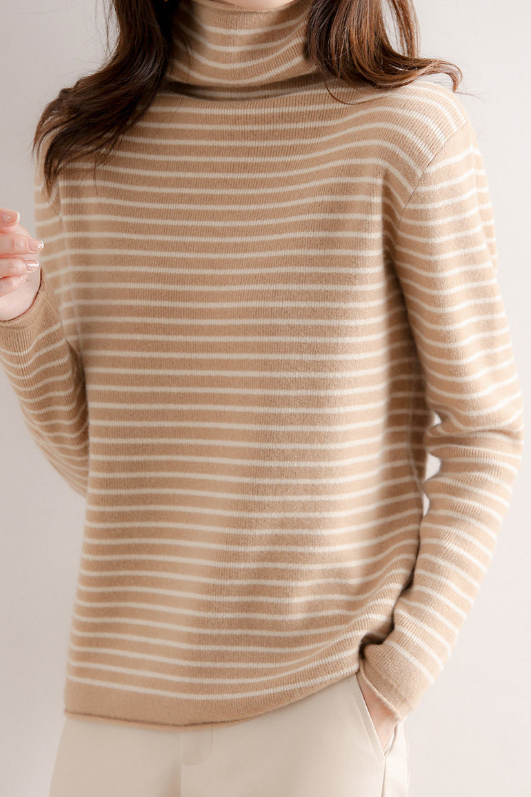 ハイネックベーシックボーダー柄ニットトップス　6色入 - liwisi