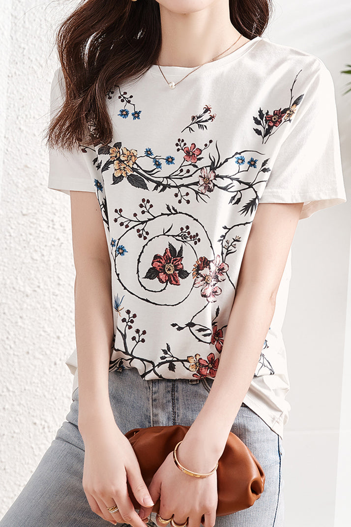 ラウンドネックフラワープリントTシャツ - liwisi
