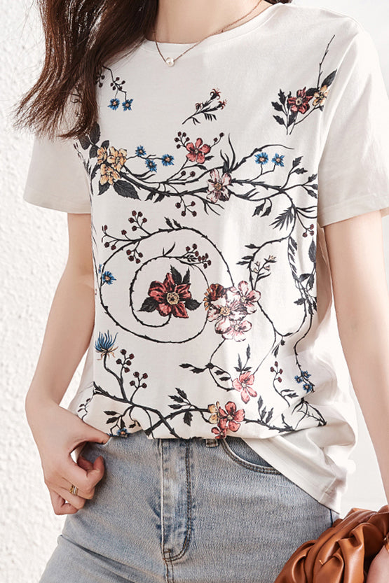 ラウンドネックフラワープリントTシャツ - liwisi