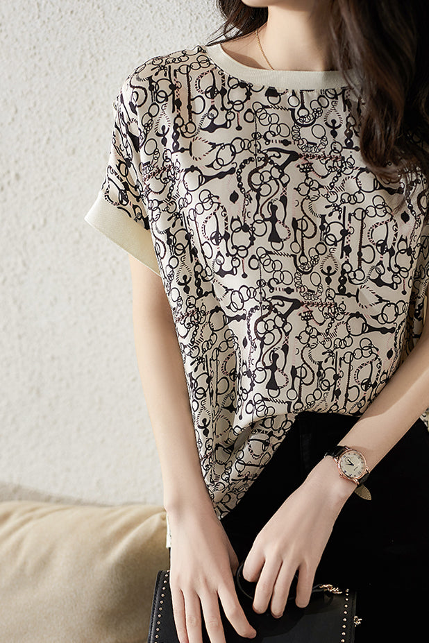 異素材ラウンドネック幾何プリントTシャツ - liwisi