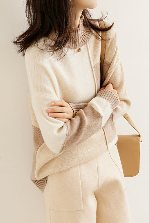 ボトルネック多色切り替えセーター 　プルオーバー　カジュアル　体型カバー　3色入 - liwisi