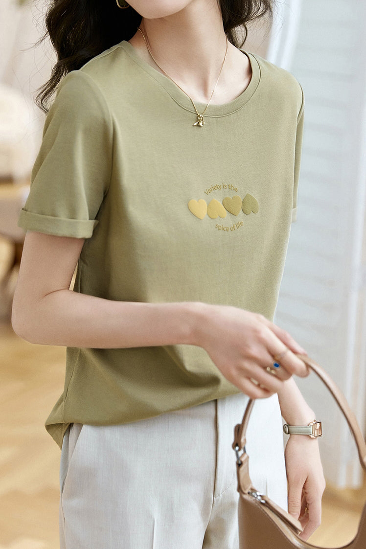 ラウンドネックハートロゴプリントTシャツ - liwisi