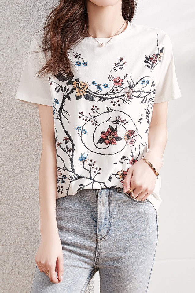 ラウンドネックフラワープリントTシャツ - liwisi