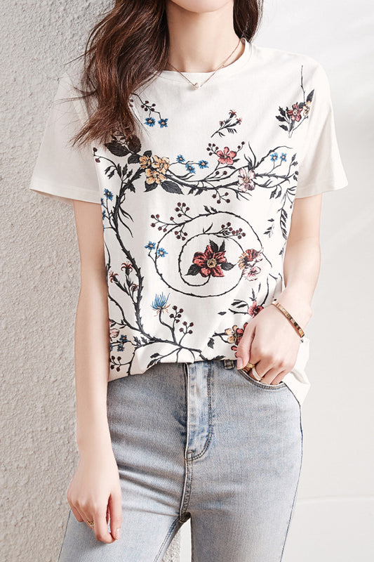 ラウンドネックフラワープリントTシャツ - liwisi