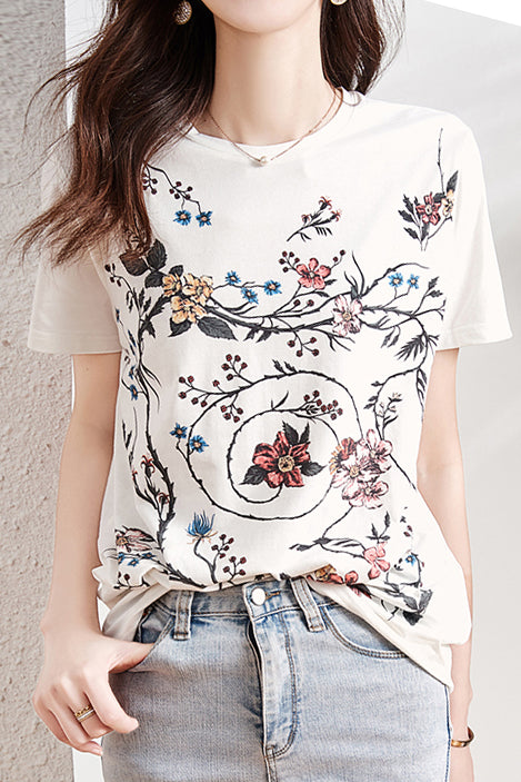 ラウンドネックフラワープリントTシャツ - liwisi