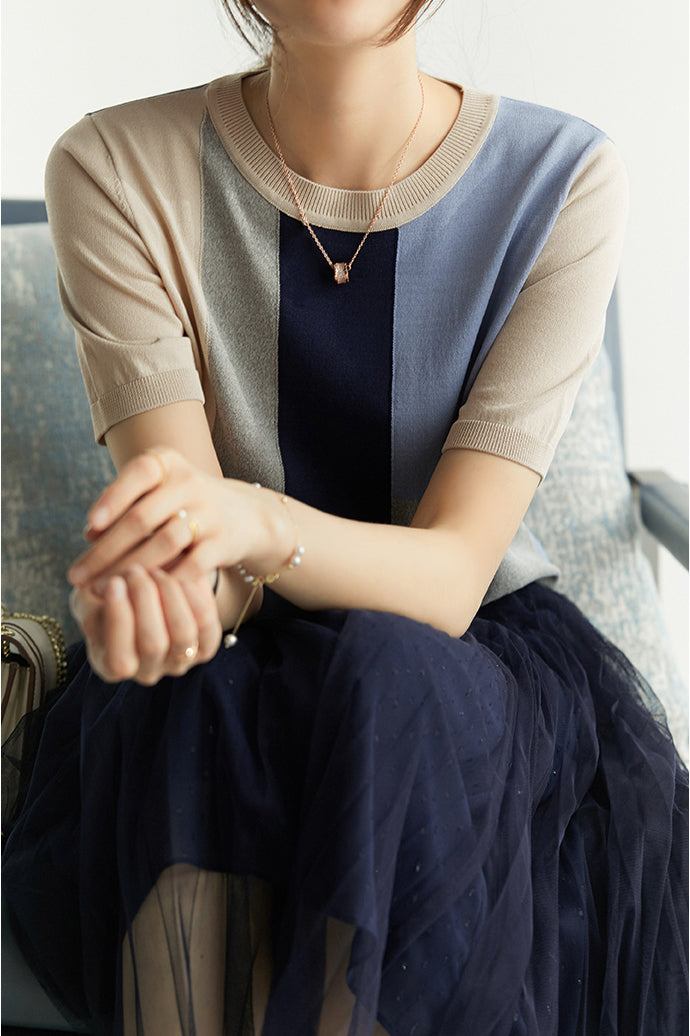 多色切替デザイン半袖ニットトップス - liwisi