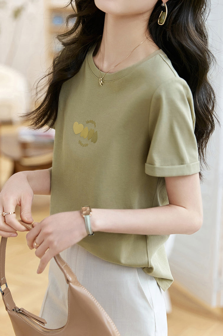 ラウンドネックハートロゴプリントTシャツ - liwisi