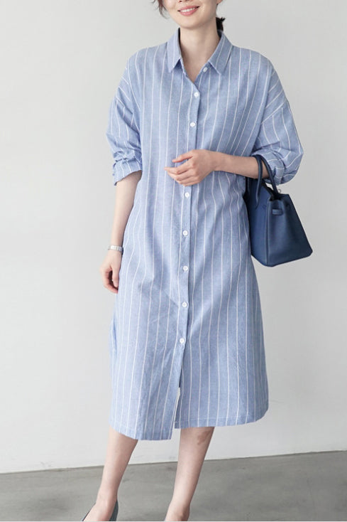 ストライプ柄シャツワンピース　膝丈　ロングスリーブ　多種着こなし　ゆったり　2色入 - liwisi