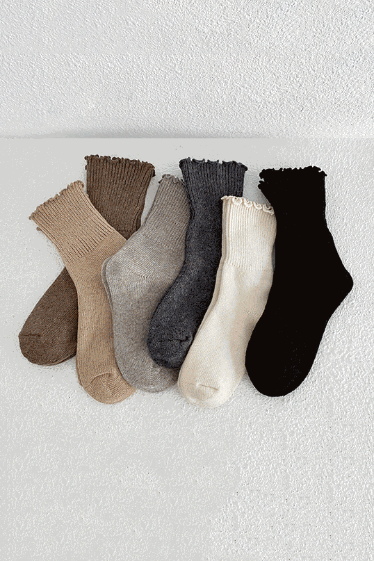 シンプルフリル口リブウールクルーソックス　6色入 - liwisi