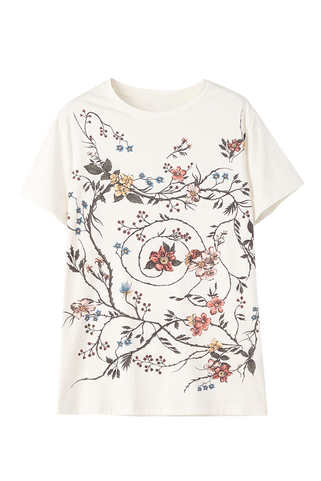 ラウンドネックフラワープリントTシャツ - liwisi