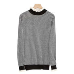 フリルスタンドカラーチェック柄ニットトップス - liwisi