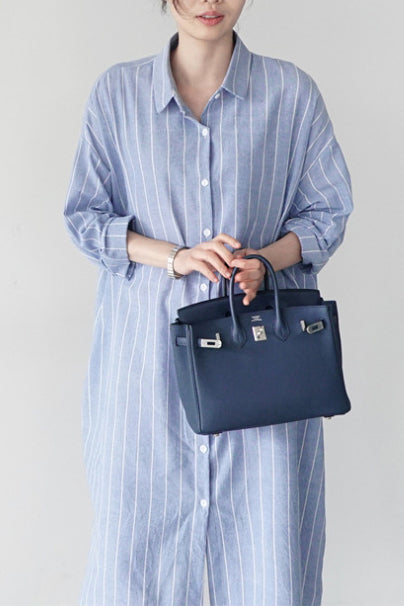 ストライプ柄シャツワンピース　膝丈　ロングスリーブ　多種着こなし　ゆったり　2色入 - liwisi