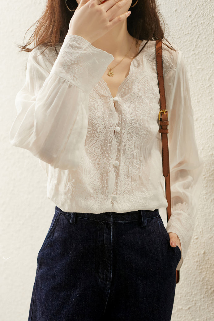 フロントカットワーク刺繡レースリネンブラウス - liwisi