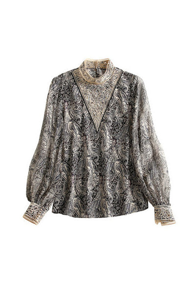 透かしスタンドカラーエスニック柄シフォンブラウス　2色入 - liwisi