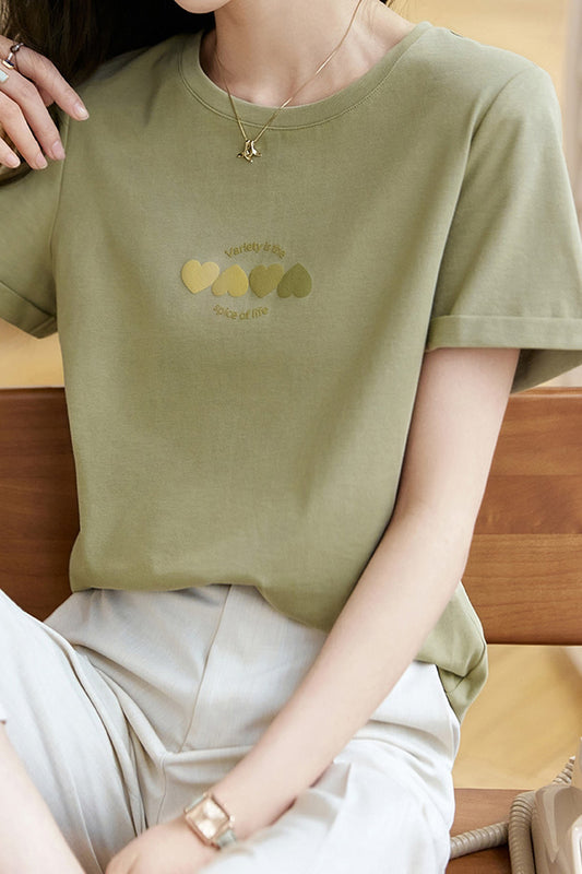 ラウンドネックハートロゴプリントTシャツ - liwisi