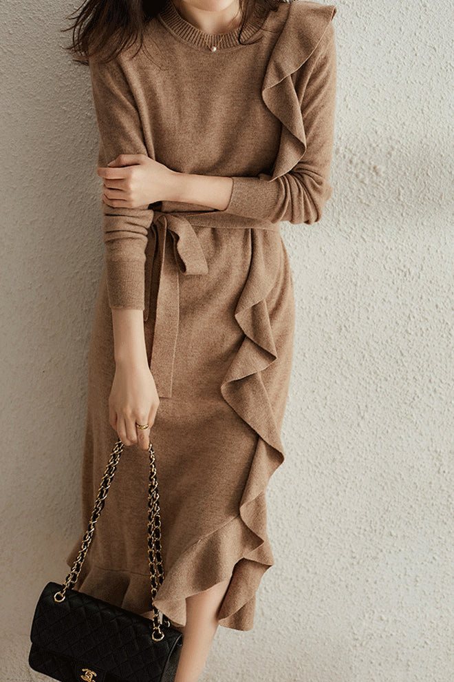 ラッフルベルテッドニットワンピース　2色入 - liwisi