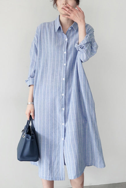 ストライプ柄シャツワンピース　膝丈　ロングスリーブ　多種着こなし　ゆったり　2色入 - liwisi