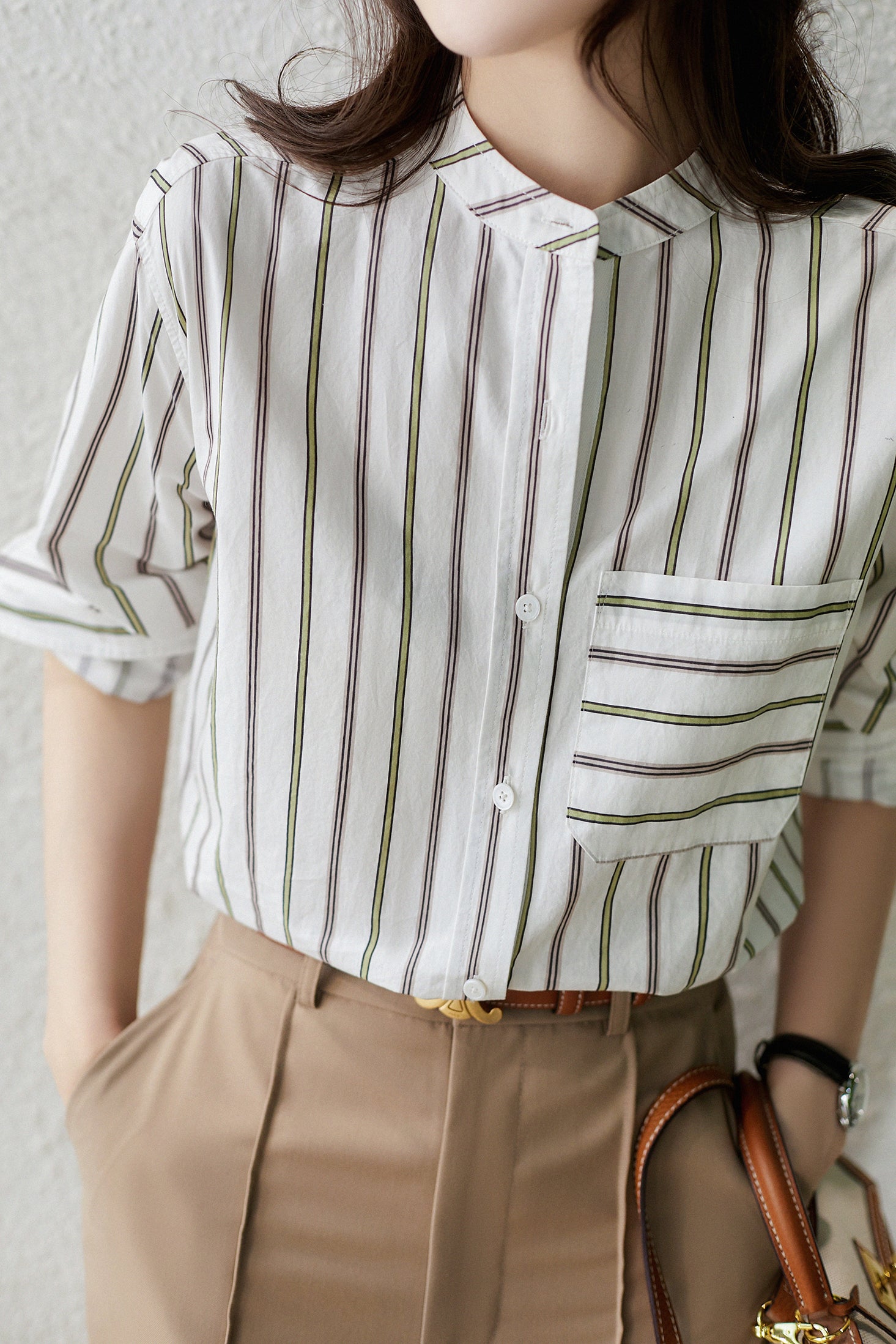 バンドカラーストライプ柄シャツ - liwisi