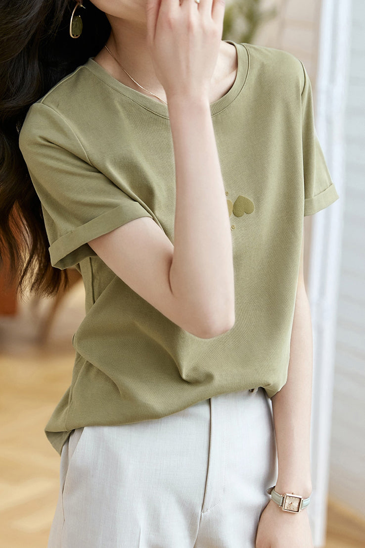 ラウンドネックハートロゴプリントTシャツ - liwisi