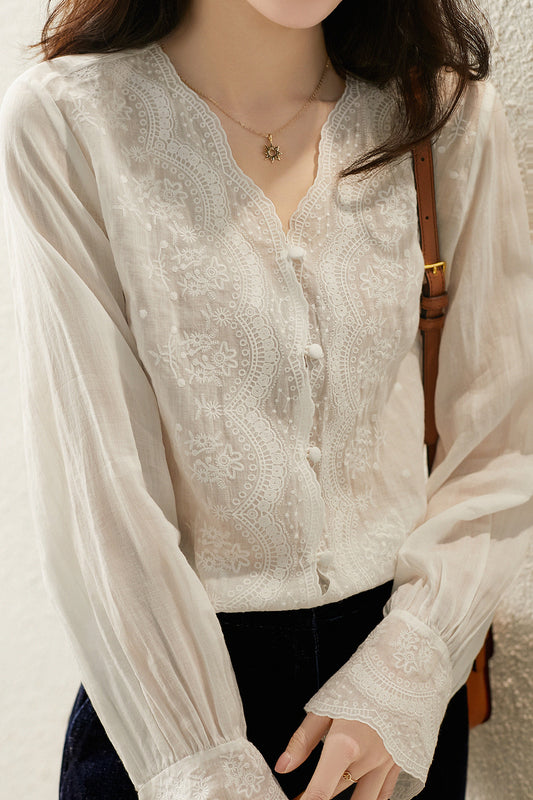 フロントカットワーク刺繡レースリネンブラウス - liwisi
