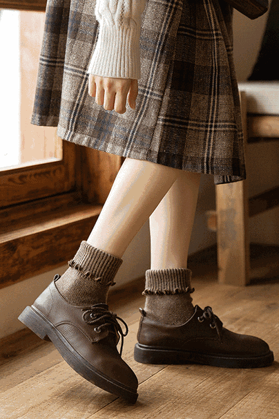 シンプルフリル口リブウールクルーソックス　6色入 - liwisi