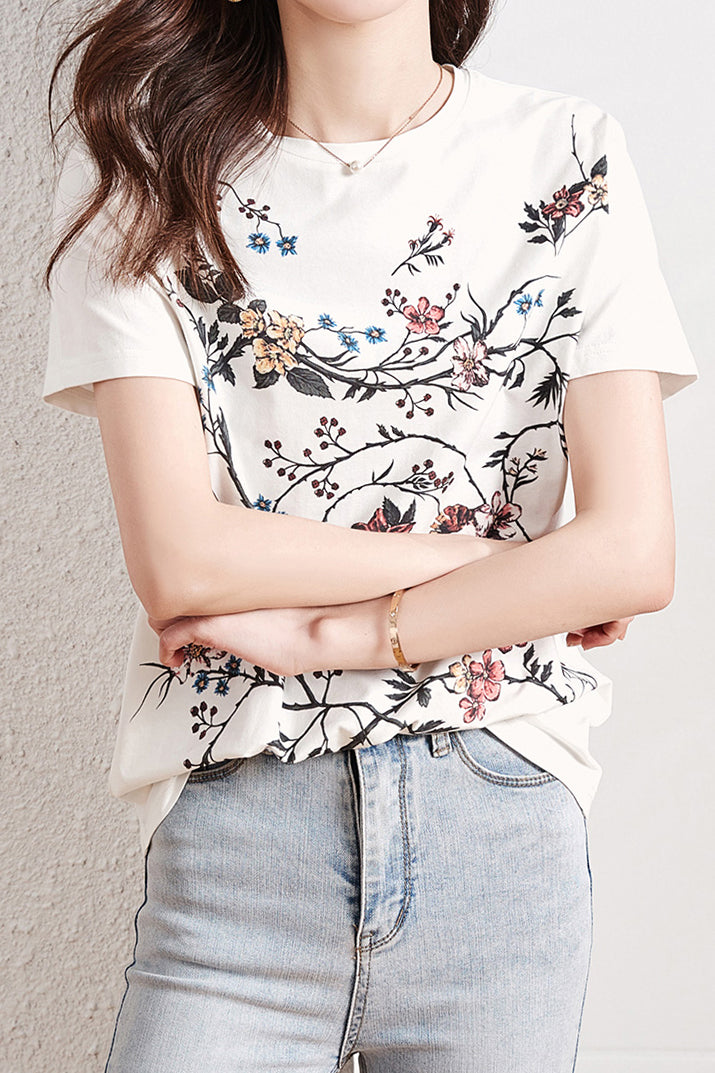 ラウンドネックフラワープリントTシャツ - liwisi