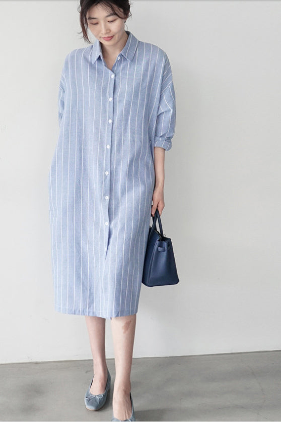 ストライプ柄シャツワンピース　膝丈　ロングスリーブ　多種着こなし　ゆったり　2色入 - liwisi