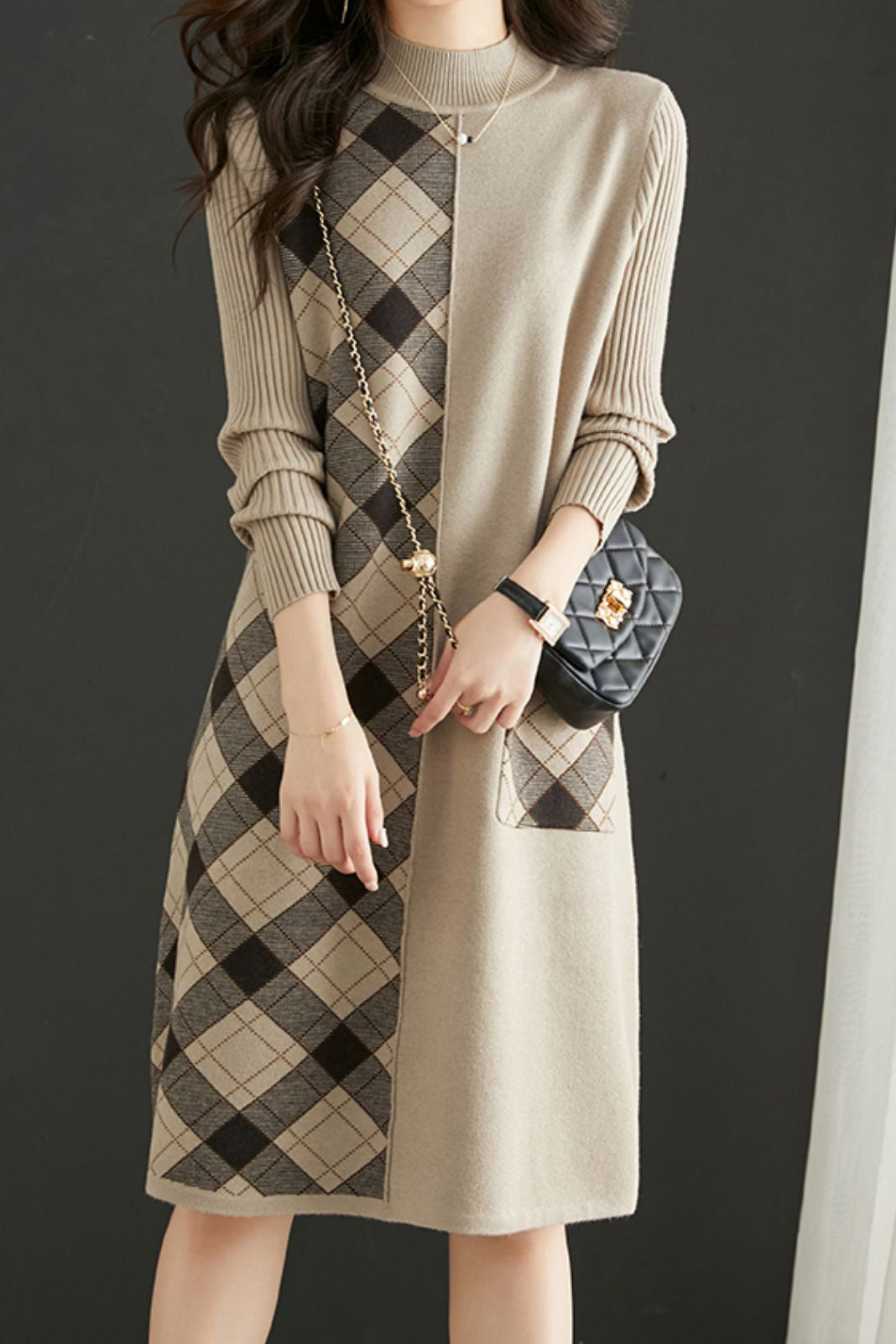 アシンメトリーチェック切替ロングニットワンピース - liwisi