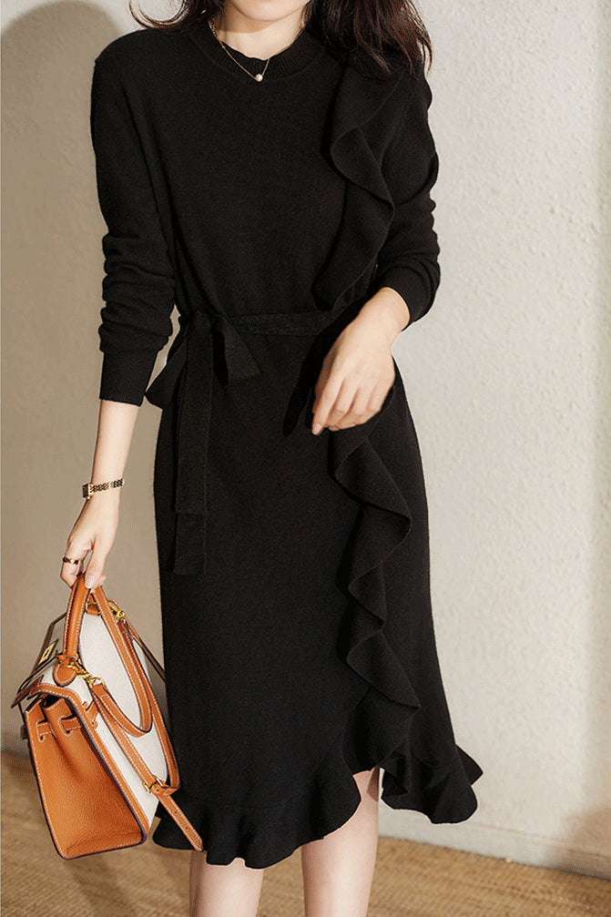 ラッフルベルテッドニットワンピース　2色入 - liwisi